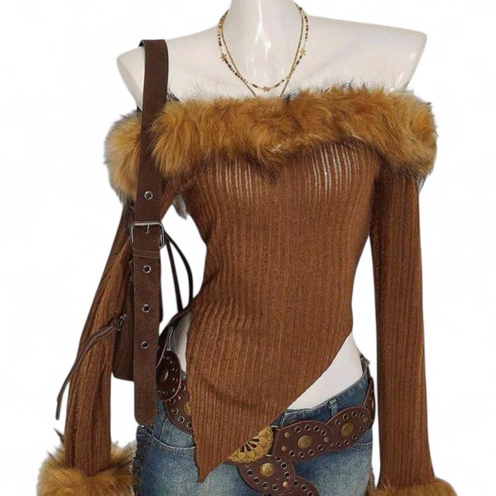Brown Off-Shoulder Sweater with Faux Fur Trim